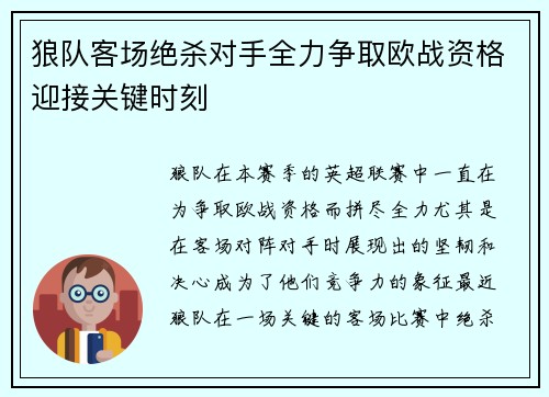 狼队客场绝杀对手全力争取欧战资格迎接关键时刻